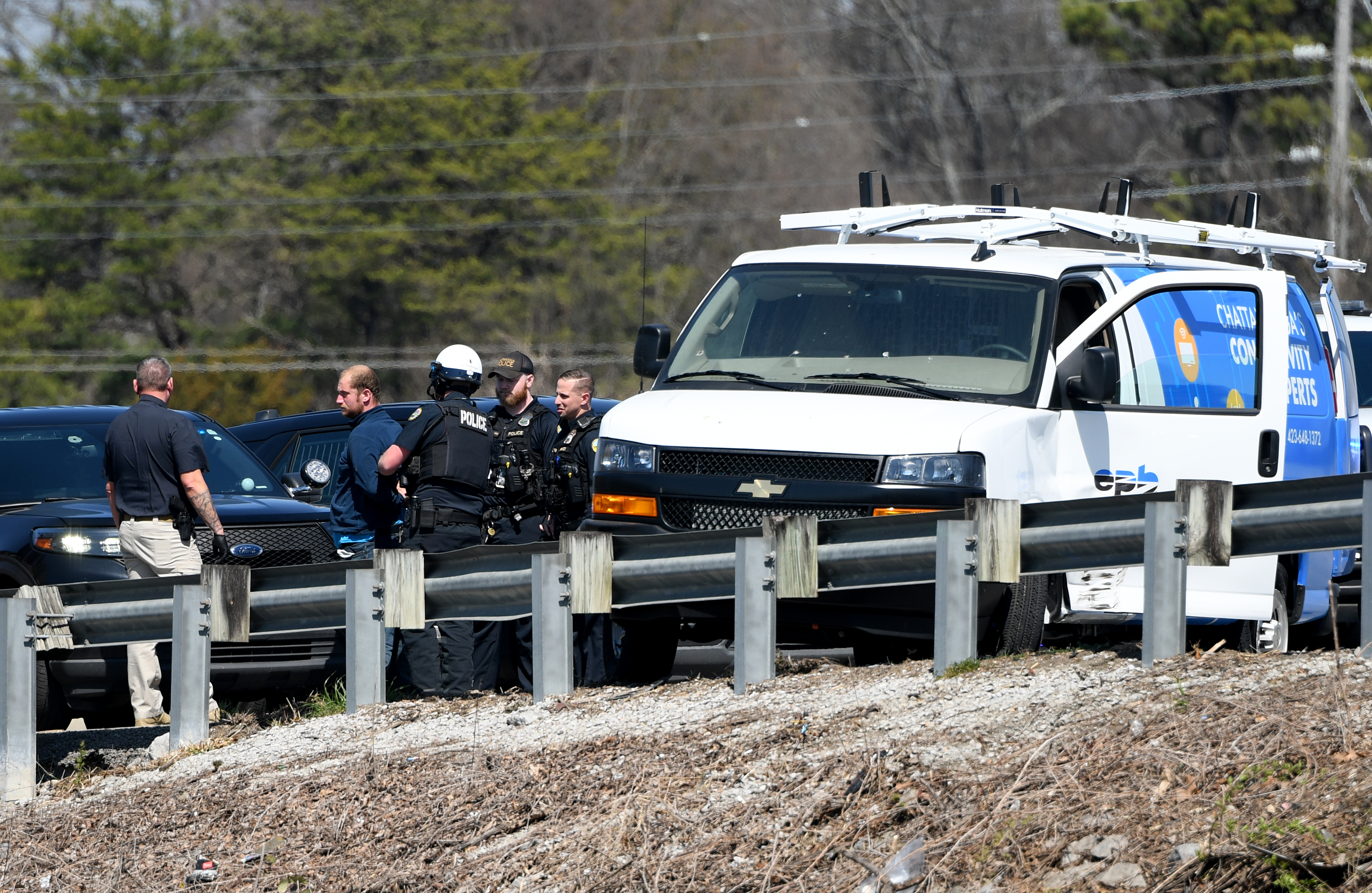 Staff photo by Abby White / Chattanooga police arrest Brett Ellis on March 12, 2025, after a police chase involving an EPB van on Highway 153. Ellis is charged with aggravated assault on police, reckless endangerment, reckless driving, auto theft and felony evading arrest.