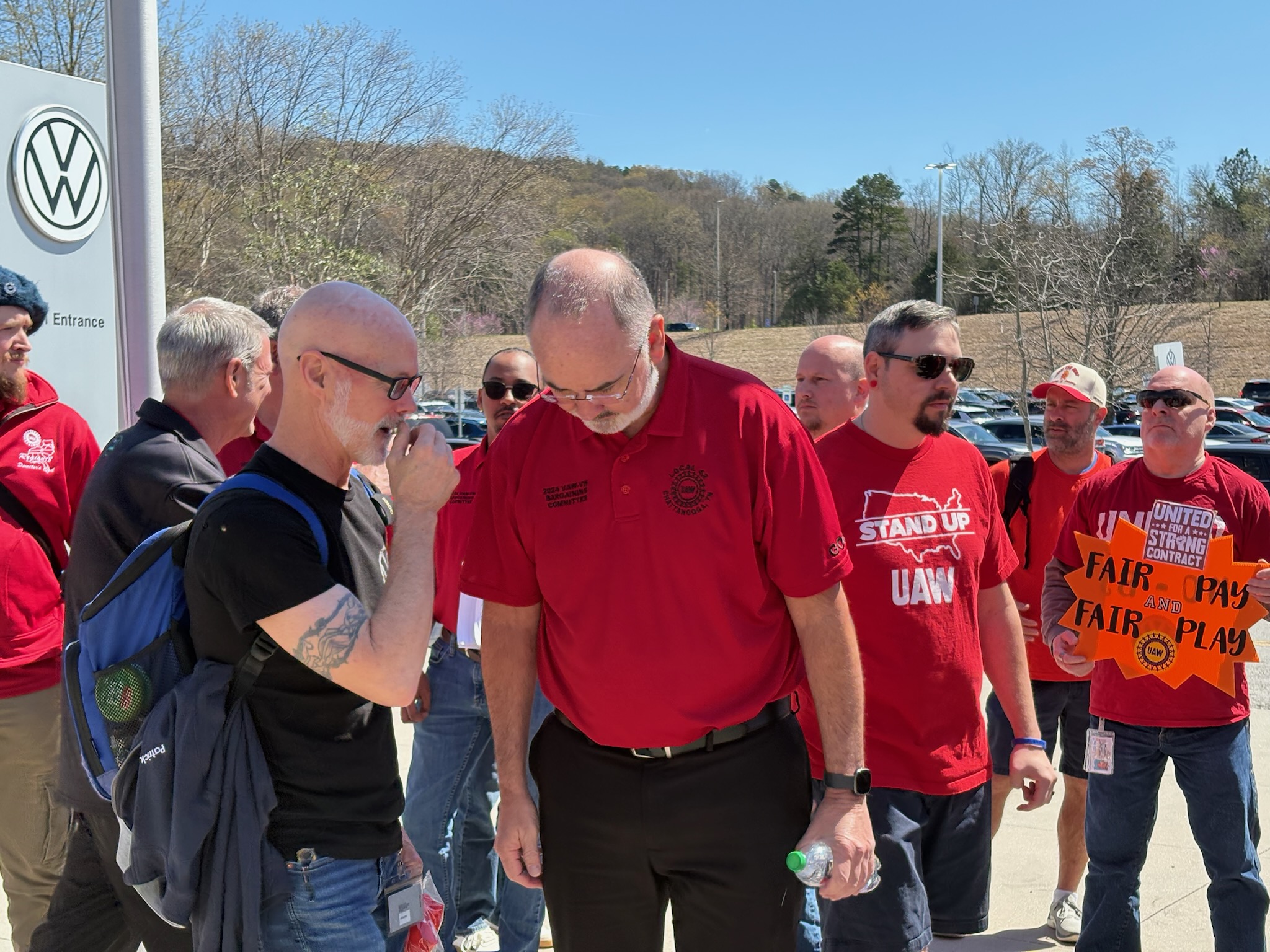 Staff photo by David Floyd / UAW President Shawn Fain, center, attended a rally in Chattanooga on March 26, 2025, amid contract negotiations with Volkswagen.