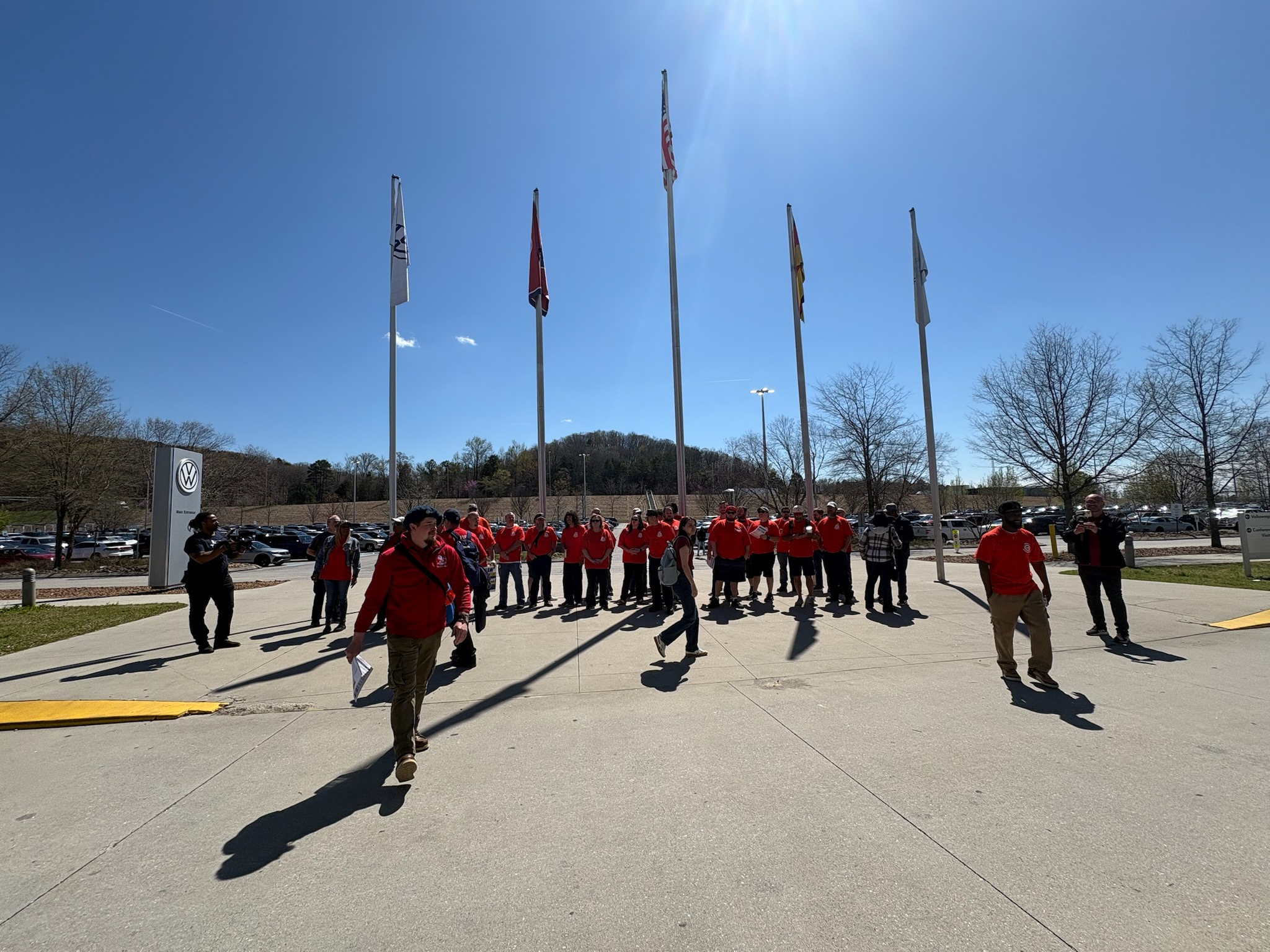 Staff photo by David Floyd / On March 26, 2025, members of the UAW hold a rally outside Volkswagen's offices in Chattanooga. The sides are still attempting to reach agreement on a contract.