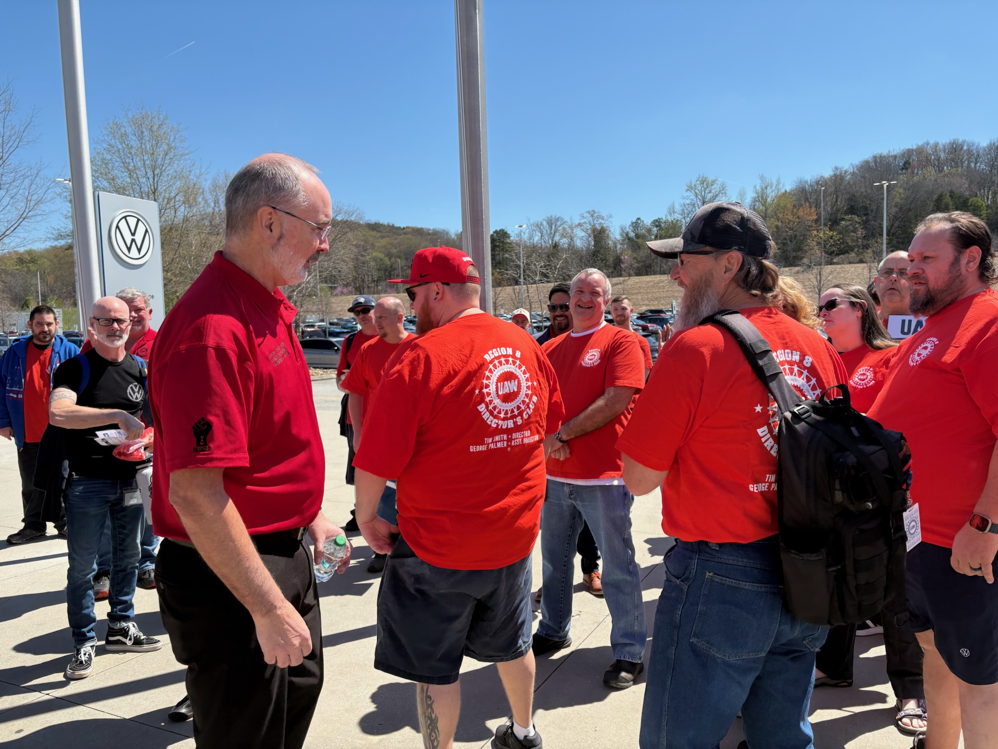 Staff photo by David Floyd / UAW President Shawn Fain, left, attended a rally in Chattanooga on March 26, 2025, amid contract negotiations with Volkswagen.