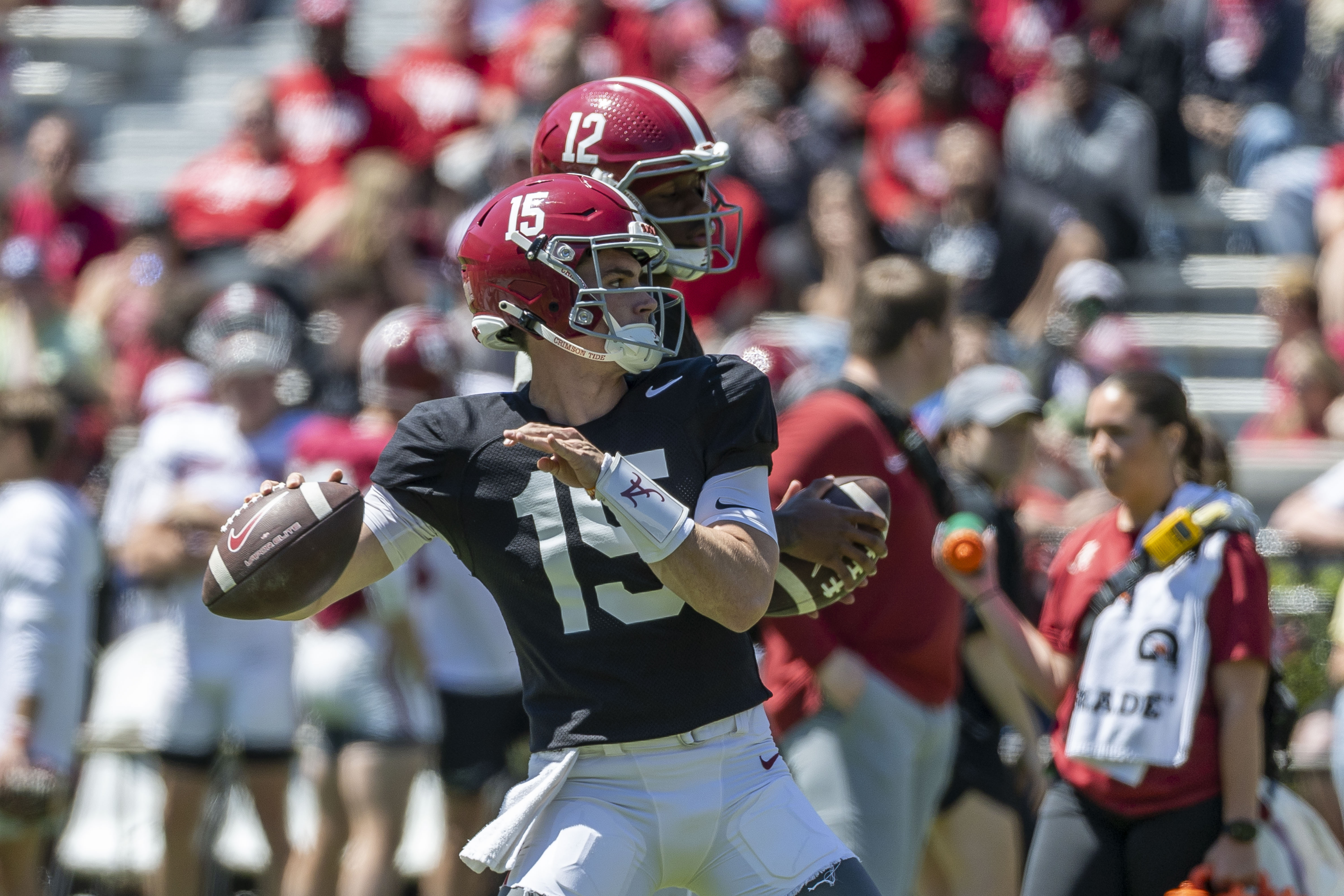AP photo by Vasha Hunt / Alabama quarterback Ty Simpson prepares to throw during the Crimson Tide's A-Day practice on April 12 in Tuscaloosa.