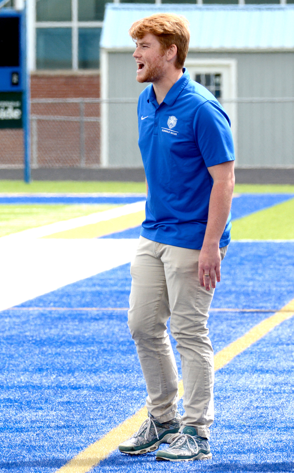 Staff Photo by Robin Rudd / Ringgold head coach Lane Moore yells his instructions to his team. Ringgold hosted Shaw in the GHSA boys state soccer tournament on May 5, 2025.