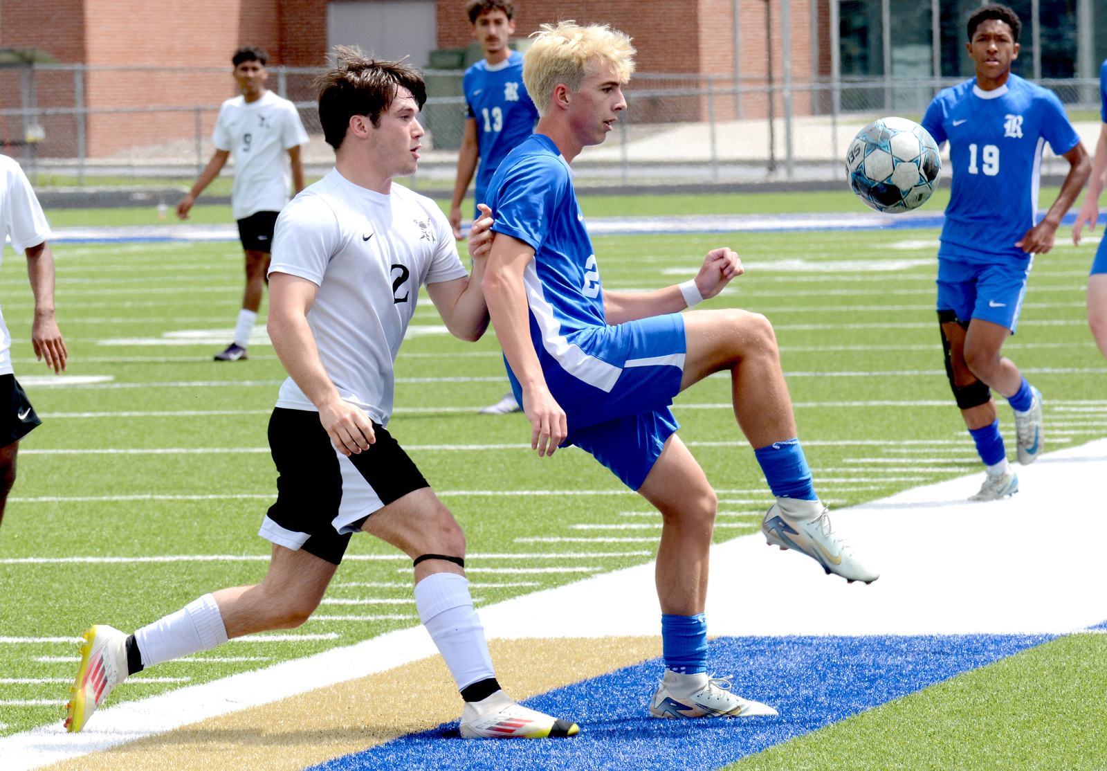 Staff Photo by Robin Rudd / Ringgold's Drew Weber (24) kicks the ball back over his head to keep it in play. Ringgold hosted Shaw in the GHSA boys state soccer tournament on May 5, 2025.