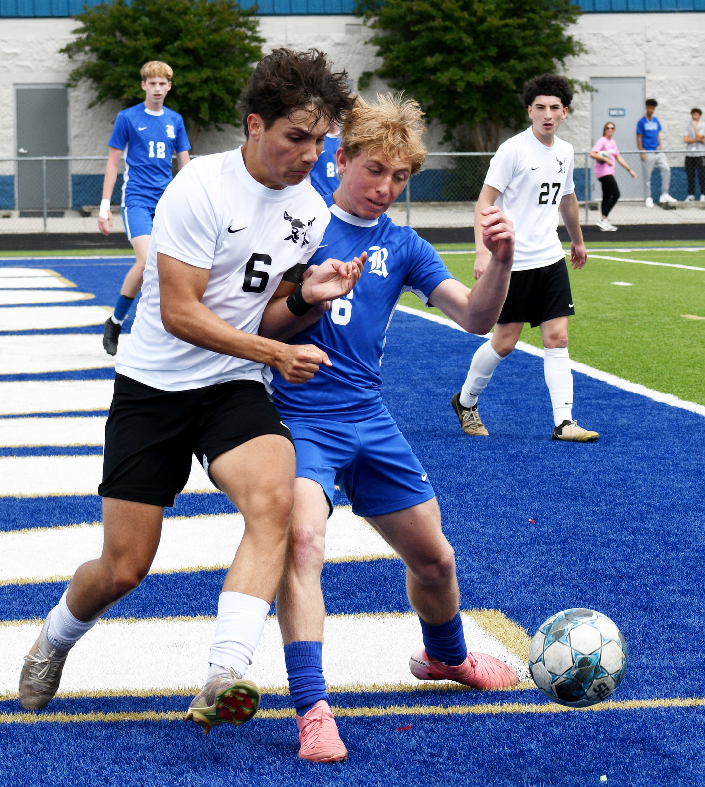 Staff Photo by Robin Rudd / Ringgold's Trey Kirkland (6) gains control of the ball near the Shaw goal. Ringgold hosted Shaw in the GHSA boys state soccer tournament on May 5, 2025.