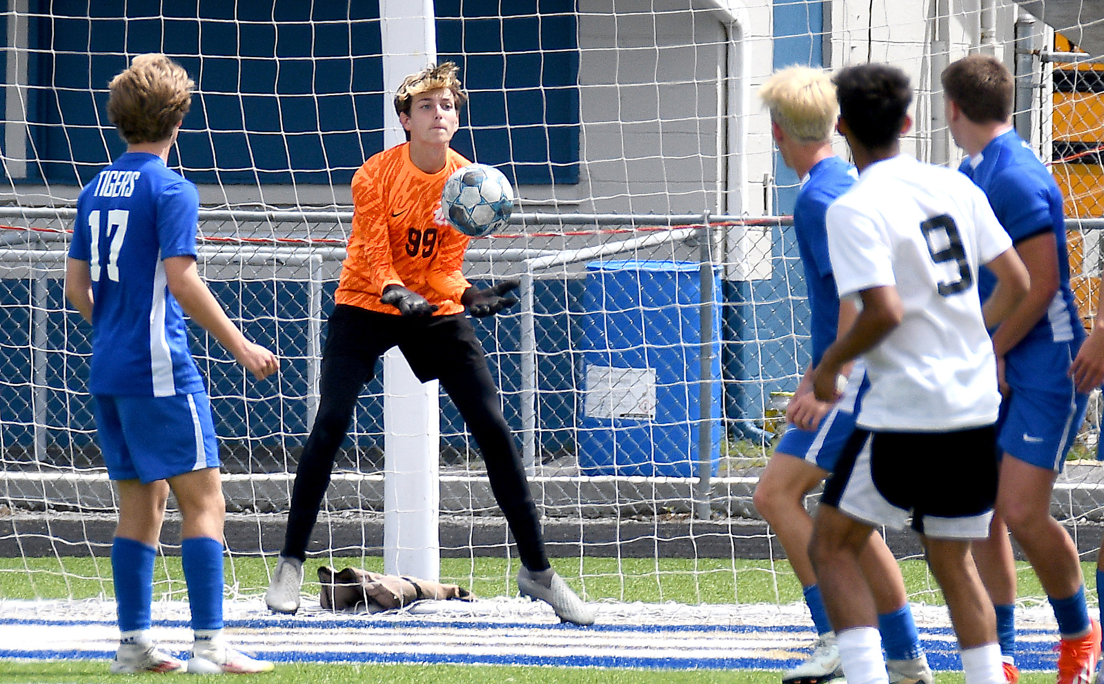 Staff Photo by Robin Rudd / Ringgold goalkeepr Jack Crosby (99) stops a Shaw shot. Ringgold hosted Shaw in the GHSA boys state soccer tournament on May 5, 2025.