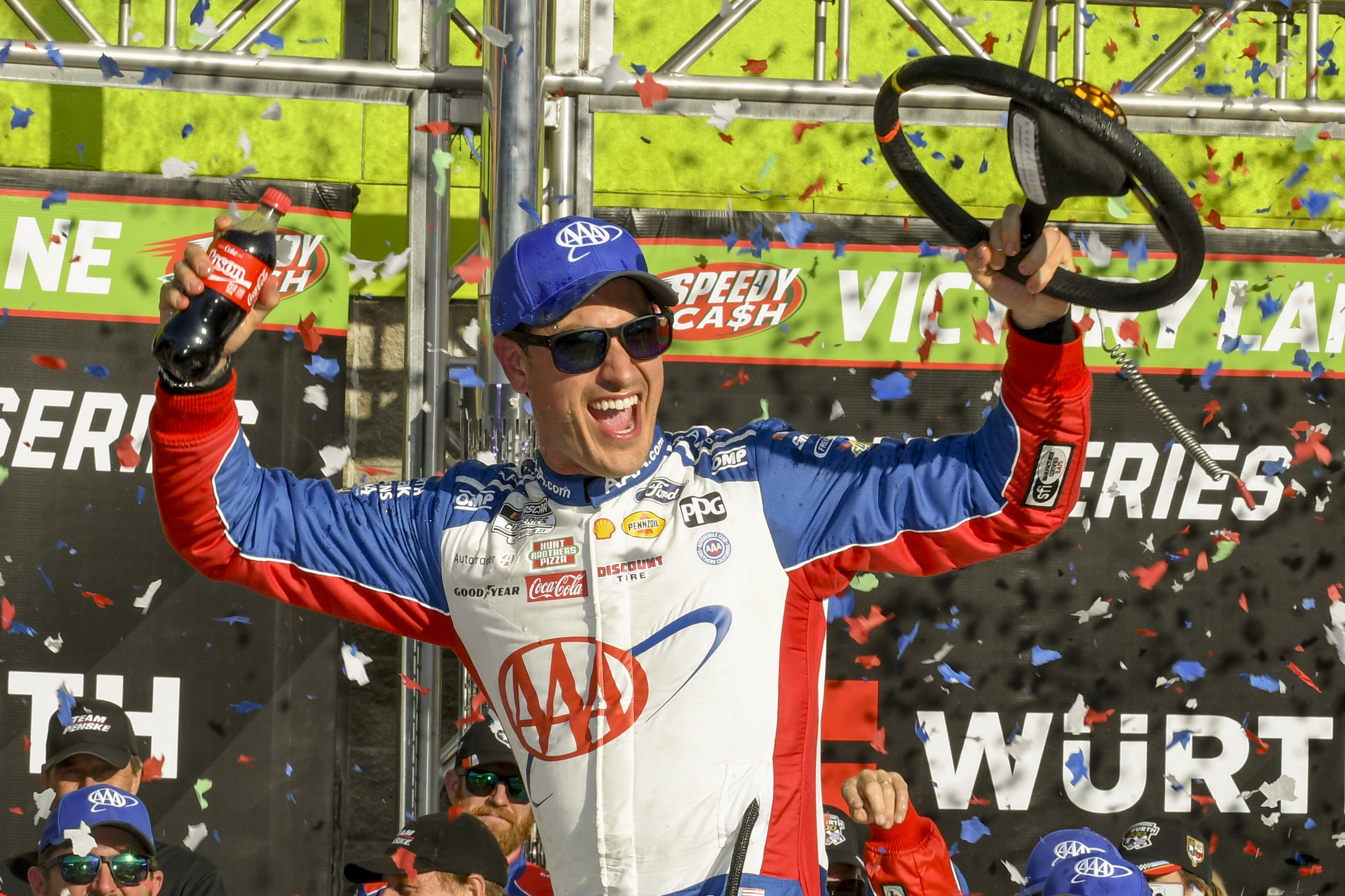 Joey Logano celebrates after winning a NASCAR Cup Series auto race at Texas Motor Speedway in Fort Worth, Texas, Sunday, May 4, 2025. (AP Photo/Randy Holt)