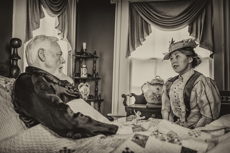 Bill Rogers portrays Isaac C. Parker, the 19th century Fort Smith jurist known as the "hanging judge," and Jennica Schwartzman is Ada Patterson, a reporter for the St. Louis Republic who came to interview him on his deathbed, in Larry Foley's new film, "Indians, Outlaws, Marshals and the Hangin’ Judge."
(Courtesy Photo/James Brewer)