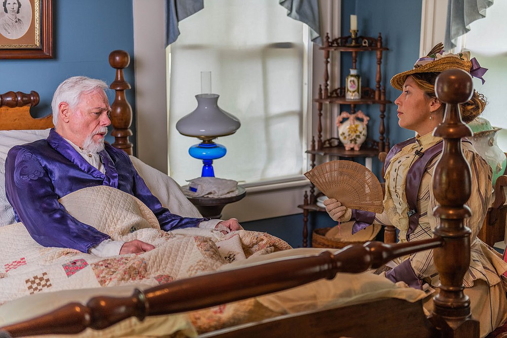 Bill Rogers portrays Isaac C. Parker, the 19th century Fort Smith jurist known as the "hanging judge," and Jennica Schwartzman is Ada Patterson, a reporter for the St. Louis Republic who came to interview him on his deathbed, in Larry Foley's new film, "Indians, Outlaws, Marshals and the Hangin’ Judge."
(Courtesy Photo/James Brewer)