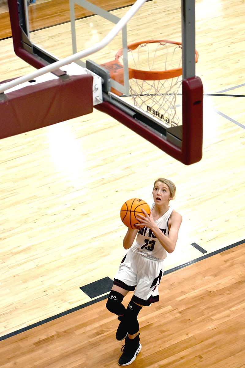 MARK HUMPHREY  ENTERPRISE-LEADER/Lincoln sophomore Landree Cunningham 
scores on this breakaway layup after making a steal. A multi-sport athlete, Cunningham also won the 2019 Lincoln Riding Club Rodeo queen crown.