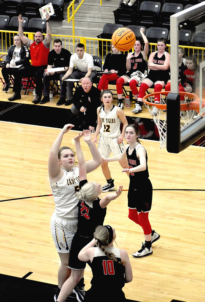 MARK HUMPHREY  ENTERPRISE-LEADER/Prairie Grove sophomore Olivia Kestner scores on a high-percentage turnaround jump-shot in the low-post against Pea Ridge during a 4A-1 Conference girls basketball game at Tiger Arena on Monday, Jan. 13, 2020.