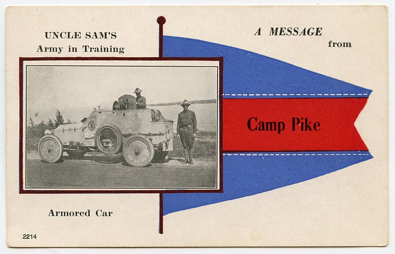 Camp Pike (circa 1918): "Uncle Sam's Army in Training" was the message on a postcard of an armored military vehicle. The sprawling Army post erected on the site of today's Camp Robinson in 1917 trained tens of thousands of soldiers, many of them draftees, for World War I. Equipment arrived by rail after the Missouri Pacific Railroad ran a spur line to the base.
Arkansas Postcard Past, P.O. Box 2221, Little Rock, Ark. 72203 story.lead_photo.caption