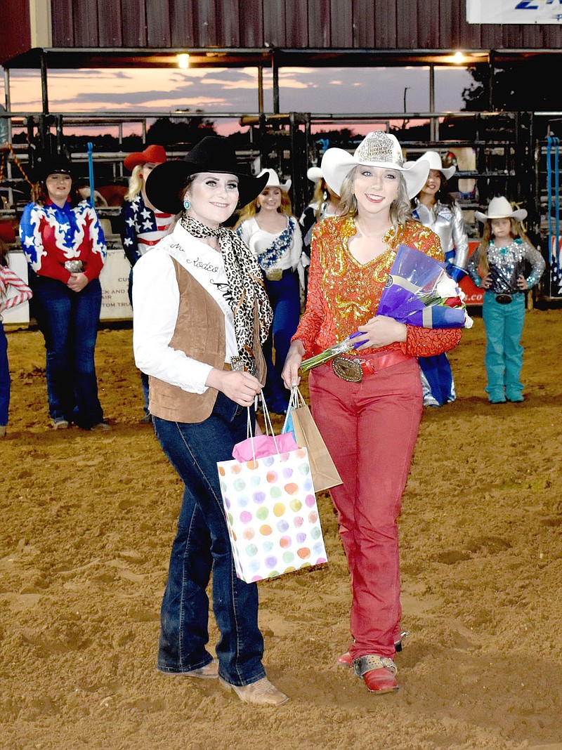 MARK HUMPHREY  ENTERPRISE-LEADER/Booneville cowgirl Ciarra Luke (right) was crowned 2021 Miss Rodeo Arkansas during the Saturday performance of the 68th annual Lincoln Riding Club Rodeo.