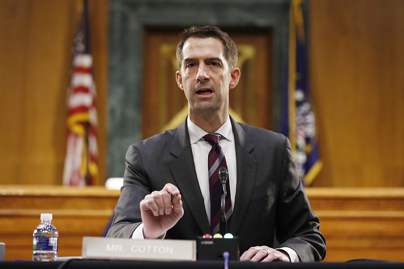 FILE - In this May 5, 2020, file photo Sen. Tom Cotton, R-Ark., speaks during a Senate Intelligence Committee nomination hearing for Rep. John Ratcliffe, R-Texas, on Capitol Hill in Washington. (AP Photo/Andrew Harnik, Pool, File)