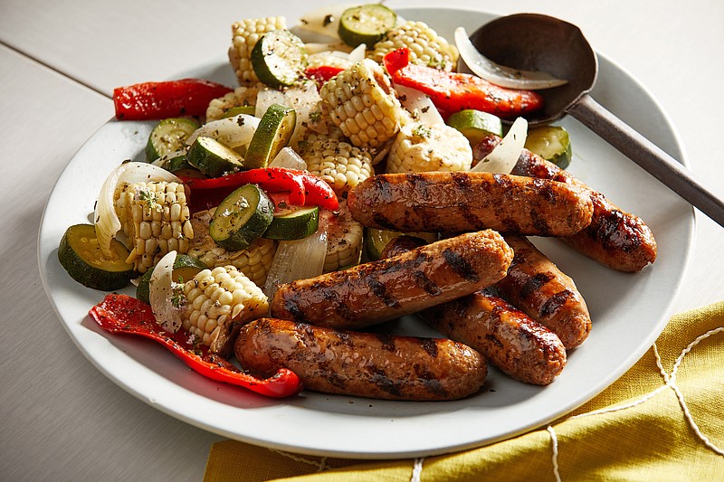 Mixed Grill With Sausages, Vegetables and Corn 
(For The Washington Post/Tom McCorkle)