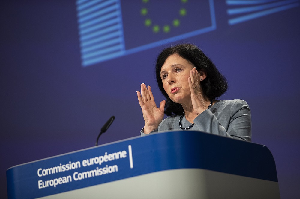 European Commissioner for Values and Transparency Vera Jourova addresses a joint online press conference with European Union foreign policy chief Josep Borrell following a weekly College of Commissioners meeting at EU headquarters in Brussels, Wednesday, June 10, 2020. (AP Photo/Francisco Seco, Pool)