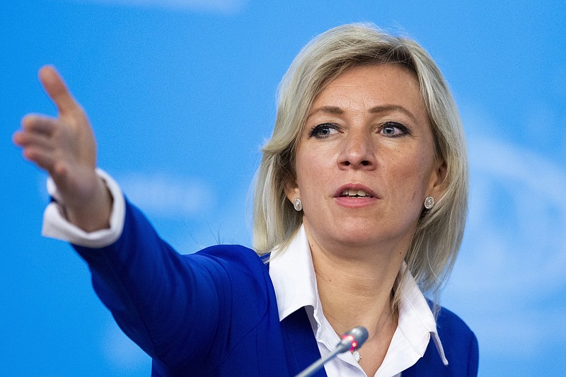 FILE - In this Friday, Jan. 17, 2020 file photo, Russian Foreign Ministry spokesperson Maria Zakharova gestures as she attends Russian Foreign Minister Sergey Lavrov's annual roundup news conference summing up his ministry's work in 2019, in Moscow, Russia. (AP Photo/Alexander Zemlianichenko, File)