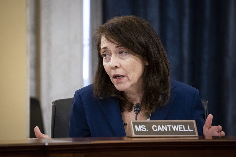 Sen. Maria Cantwell, D-Wash., speaks during a Senate Small Business and Entrepreneurship hearing to examine implementation of Title I of the CARES Act, Wednesday, June 10, 2020 on Capitol Hill in Washington. (Al Drago/Pool via AP)