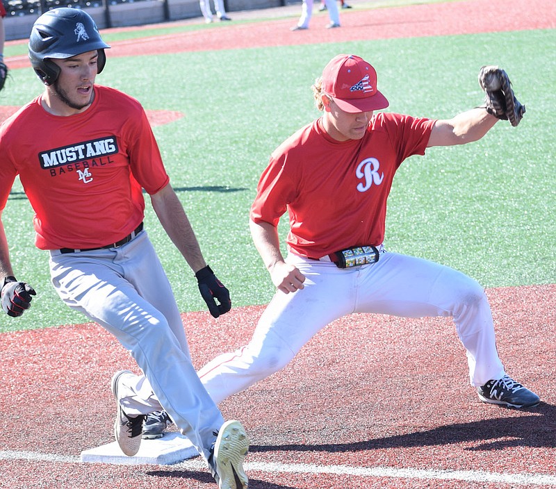 RICK PECK/SPECIAL TO MCDONALD COUNTY PRESS McDonald County's Levi Malone beats out an infield hit during McDonald County 6-3 loss on June 10 to Webb City in an 18U 8-on-8 league game at Joe Becker Stadium in Joplin.