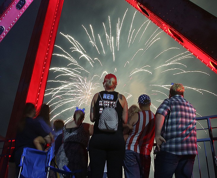 Arkansas Democrat-Gazette/THOMAS METTHE -- 7/4/2019 --
Spectators watch from the Junction Bridge as fireworks explode in the air during the Pops on the River event on the Arkansas River on Thursday, July 4, 2019. 
See more photos at www.arkansasonline.com/75pops/