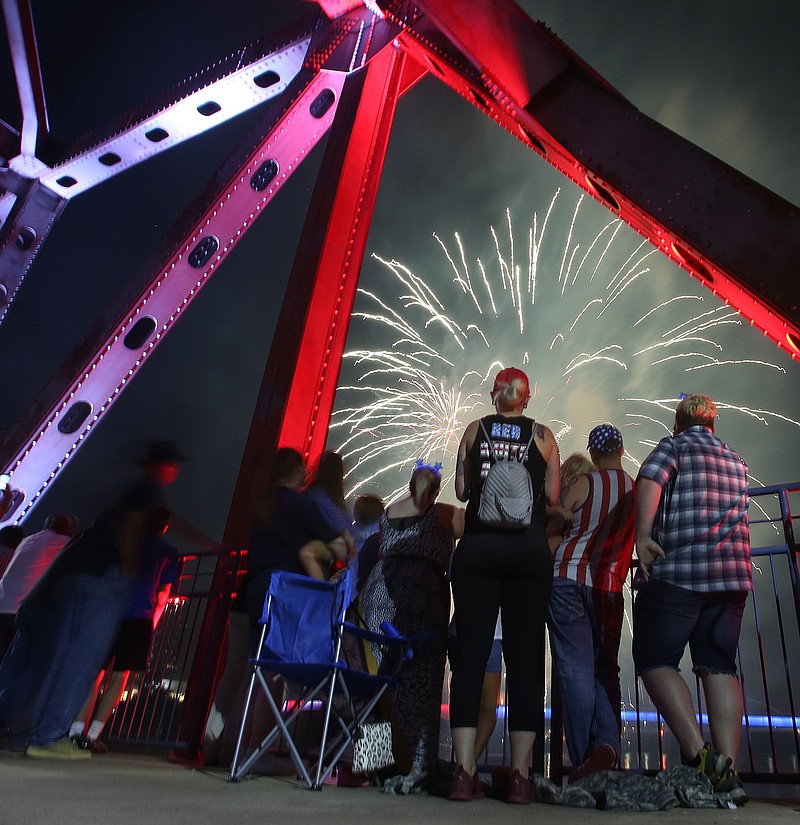 Spectators watch the fireworks finale to the 2019 Pops on the River from the Junction Bridge.

(Democrat-Gazette file photo/Thomas Metthe)