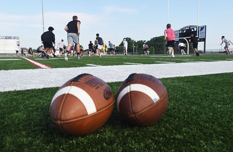 Players on the Pea Ridge Blackhawks team go through practice Wednedsay June 3 2020 at Blackhawk Stadium. Go to nwaonline.com/200604Daily/ to see more photos.
(NWA Democrat-Gazette/Flip Putthoff)