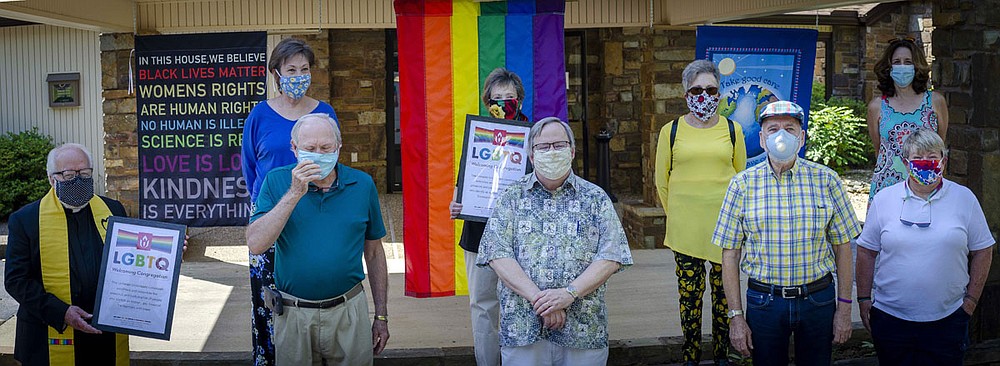 Unitarian Universalist Village Church celebrates its recognition as a Welcoming Congregation with a yearlong Year of Pride, presenting monthly programs starting on Saturday, June 27, at 10 a.m. In accordance with the observance of safe-distancing practices, this will be an outdoor program with a rain date to be provided. This designation is determined by the Unitarian Universalist Association and honors the ways in which a UU congregation welcomes and celebrates the presence and participation of people who identify with the LGBTQ community Back, from left, are Janet Holt, Myra Rustin, Mary Ann Rittenmeyer and Kim Townsan, and front, from left, are the Rev. Mark Walz, David Welch, John Swinburn, Warren Searls and Susan Berkley. - Submitted photo
