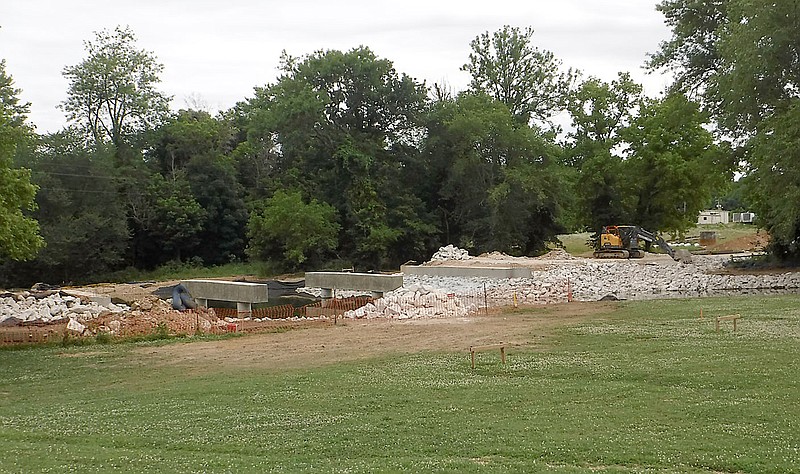 Westside Eagle Observer/RANDY MOLL
Work continues on the Dawn Hill East Road bridge over Flint Creek. The above photo shows work which has been completed by Saturday, June 20, 2020.