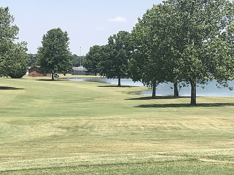 RICK PECK/SPECIAL TO MCDONALD COUNTY PRESS Number one at Schifferdecker Golf Course in Joplin requires a drive placed between the trees on the left and water on the right.