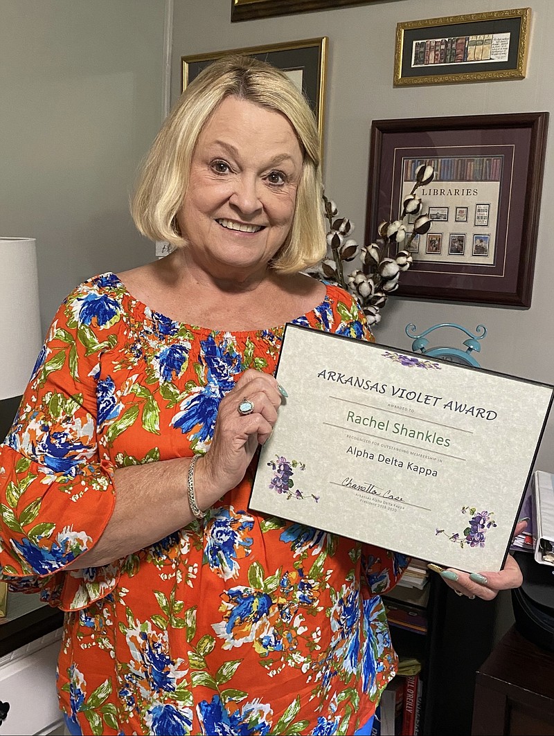 Rachel Shankles, University of Central Arkansas practicum coordinator and adjunct instructor, recently received the President’s Violet Award for the biennium Arkansas State Convention of Alpha Delta Kappa, an international organization of female educators. - Submitted photo story.lead_photo.caption