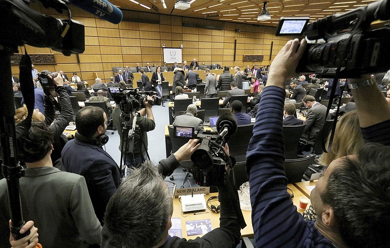 General view of the board of governors meeting of the International Atomic Energy Agency, IAEA, at the International Center in Vienna, Austria, Monday, March 9, 2020. (AP Photo/Ronald Zak)