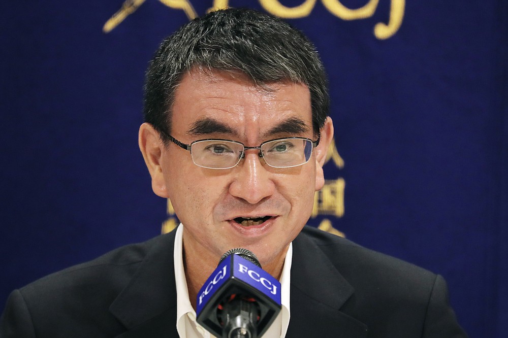Japanese Defense Minister Taro Kono speaks during a press conference in Tokyo, Thursday, June 25, 2020. Japan's National Security Council has endorsed plans to cancel the deployment of two costly land-based U.S. missile defense systems aimed at bolstering the country’s capability against threats from North Korea, Kono said Thursday. (AP Photo/Koji Sasahara)