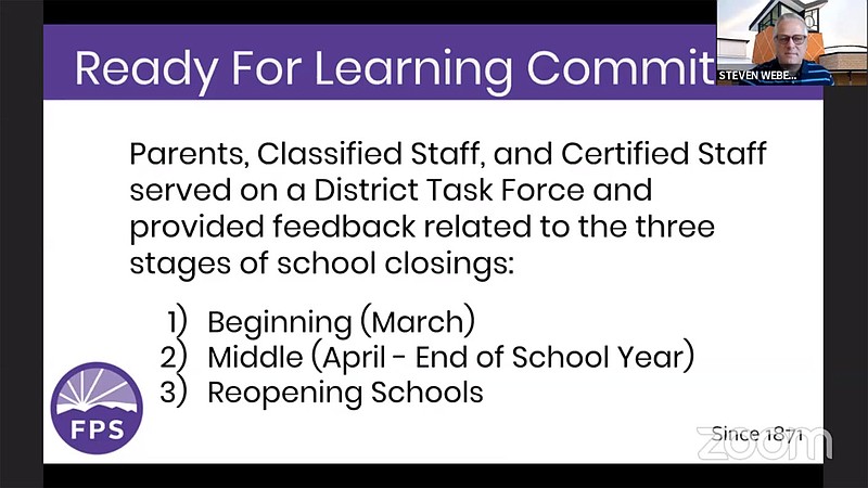 NWA Democrat-Gazette/DAVE PEROZEK Steven Weber, the Fayetteville School District's associate superintendent for teaching and learning, gives a presentation during Thursday's virtual School Board meeting on the work of the district's Ready for Learning Committee, which was formed to help the district prepare for the reopening of schools this fall. story.lead_photo.caption
