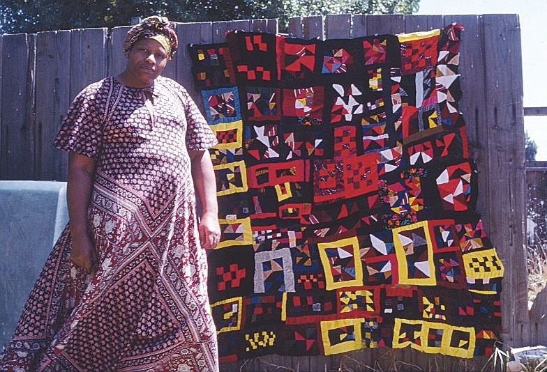 This photo of Rosie Lee Tompkins was taken in 1985. The Gould, Ark., native is an exemplar of one of the country’s premier visual traditions: Black improvisational quilt-making — an especially innovative branch of a medium that reaches back to African textiles and continues to thrive. Tompkins’ work is featured at the UC Berkeley Art Museum.

(Eli Leon via The New York Times)