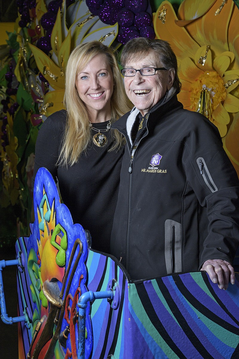 FILE - In this Jan. 31, 2018 file photo, Blane Kern, poses with his wife Holly, on a float in his float den at Mardi Gras World in New Orleans. The man known as “Mr. Mardi Gras" for helping to convert the annual pre-Lenten celebration into a giant event in New Orleans has died. News outlets report that Blaine Kern Sr. died Thursday, June 25, 2020. For decades, Kern's work helped boost New Orleans' Carnival.  (Max Becherer/The Advocate via AP)