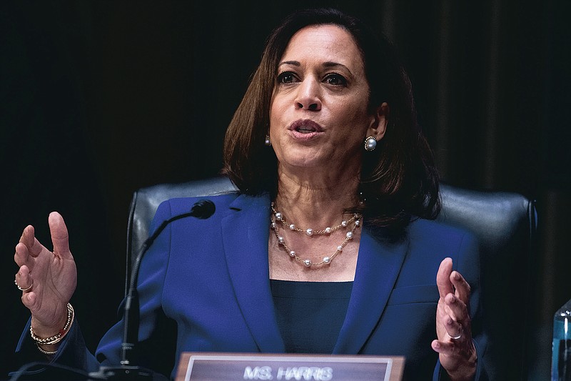 In this June 16, 2020, photo, Sen. Kamala Harris, D-Calif., asks a question during a Senate Judiciary Committee hearing on police use of force and community relations on on Capitol Hill in Washington. Seven months after ending her presidential bid, Harris is at another crossroads moment in her political career.  (Tom Williams/CQ Roll Call/Pool via AP)