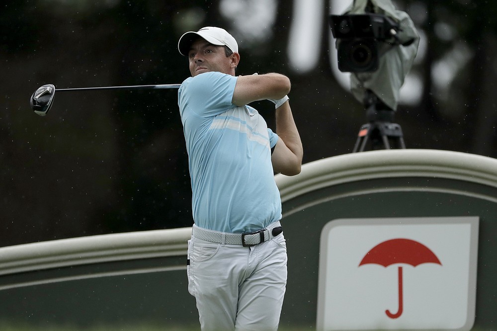 Rory McIlroy, of Northern Ireland, tees off on the 18th hole during the third round of the Travelers Championship golf tournament at TPC River Highlands, Saturday, June 27, 2020, in Cromwell, Conn. (AP Photo/Frank Franklin II)
