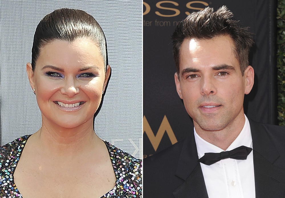 This combination photo shows Heather Tom at the 46th annual Daytime Emmy Awards in Pasadena, Calif. on May 5, 2019, left, and Jason Thompson at the 43rd annual Daytime Emmy Awards in Los Angeles on May 1, 2016. Tom won an Emmys for outstanding lead actress in a drama series for her role in "The Bold and the Beautiful," and Thompson won an Emmy for outstanding lead actor in a drama series for his role in "The Young and the Restless," at the 47th annual Daytime Emmy Awards. (AP Photo)