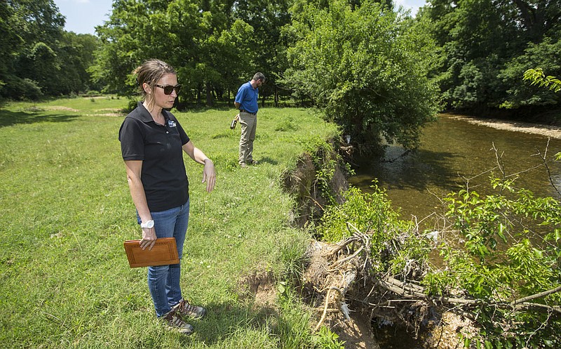 Dr. Nicole Hardiman, executive director of the Illinois River Watershed Partnership, and Bradley Stewart with Springdale Water Utilities look at an eroded stream bank Wednesday, June 17, 2020, on a forest management property owned by Springdale Water Utilities. Go to nwaonline.com/photos to see more photos.
(NWA Democrat-Gazette/Ben Goff)