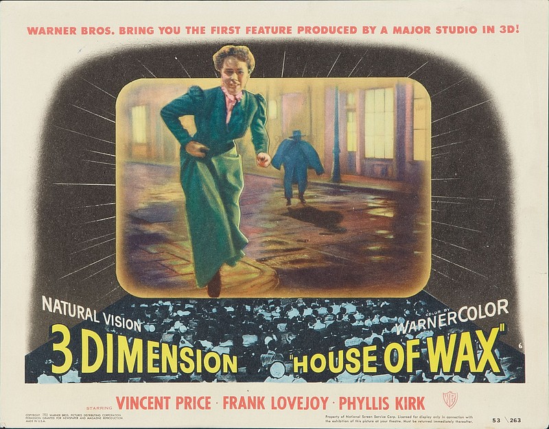 A lobby card from the 1953 3D horror film “House of Wax,” which starred Vincent Price, Frank Lovejoy and Phyllis Kirk.