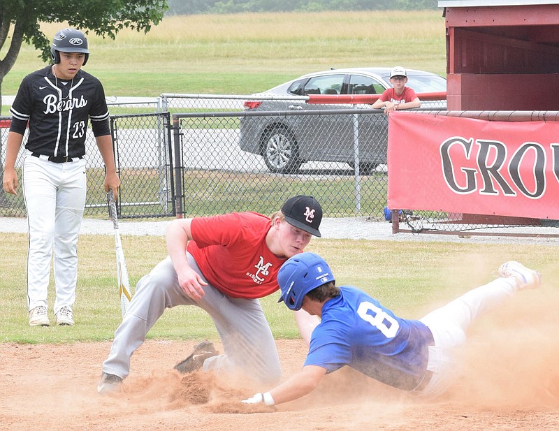 RICK PECK/SPECIAL TO MCDONALD COUNTY PRESS McDonald County pitcher Riley Boyd tags out a Seneca runner at the plate after a wild pitch during McDonald County's 7-1 loss on June 26 in the Northeast Oklahoma 18U Baseball tournament in Grove, Okla.