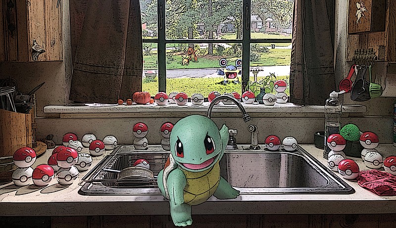 Squirtle keeps his buddy supplied with pokeballs so she doesn't have to walk around town much during the pandemic. (Democrat-Gazette illustration/Celia Storey)