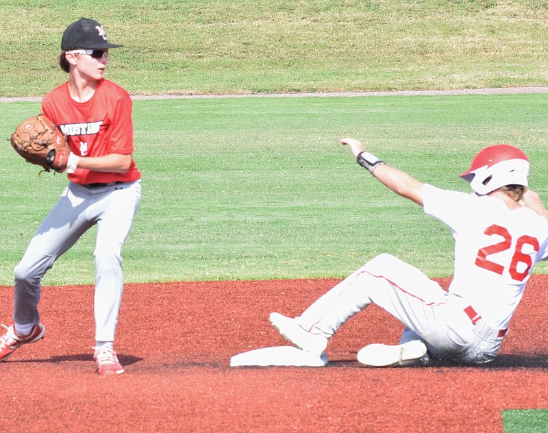 RICK PECK/SPECIAL TO MCDONALD COUNTY PRESS McDonald County second baseman Devin Stone throws to first for a double play after forcing out a Carl Junction runner during the McDonald County 16U baseball team's 15-5 win on June 30 at Joe Becker Stadium in Joplin.