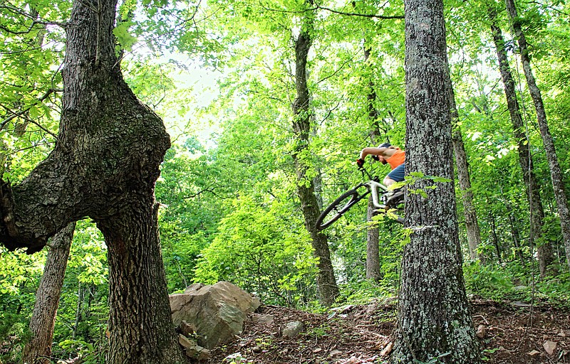 Jadon Smith, a crew member with Rock Solid Trail Contracting, is airborne at Mount Nebo State Park. The opening in June of Phase II of the mountain biking Monument Trail system there adds 18 miles of multi-skill, multi-use dirt trails.
(Special to the Democrat-Gazette/Bob Robinson)