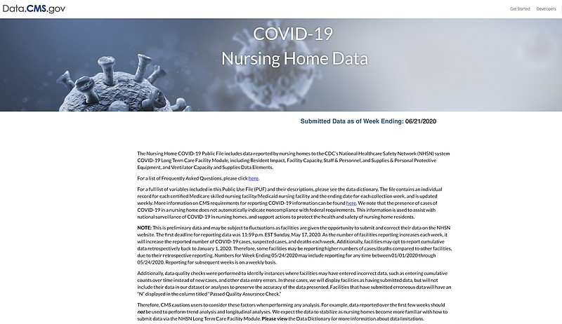 This image from a Centers for Medicare and Medicaid Services web page to obtain COVID-19 nursing home data. When the Trump administration required nursing homes to report data on COVID-19 cases, it promised to make user-friendly results available online for consumers searching for a particular facility. The result has been a far cry from that. (Centers for Medicare and Medicaid Services via AP)
