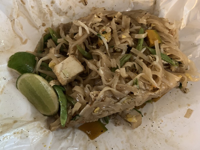 The kitchen at kBird rolled our Pad Thai with tofu in a piece of butcher paper instead of a to-go container.
(Arkansas Democrat-Gazette/Eric E. Harrison)