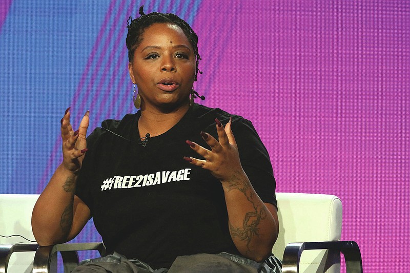 FILE - In this Feb. 11, 2019, file photo, Patrisse Cullors, Black Lives Matter co-founder, participates in the "Finding Justice" panel during the BET presentation at the Television Critics Association Winter Press Tour at The Langham Huntington in Pasadena, Calif. Proposed federal legislation that would radically transform the nation's criminal justice system through such changes as eliminating agencies like the Drug Enforcement Administration and the use of federal surveillance technology is set to be unveiled Tuesday, July 7, 2020, by the Movement for Black Lives. “We stand on the shoulders of giants and there has been 400 years of work that Black people have done to try to get us closer to freedom,” Cullors said. (Photo by Willy Sanjuan/Invision/AP, File)