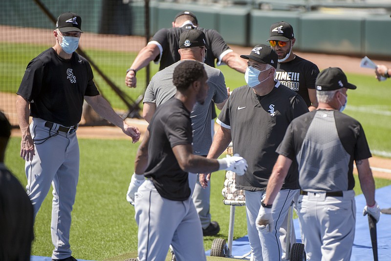 Chicago White Sox Manager Rick Renteria works his players during the first baseball practice of the restarted 2020 MLB season at Guaranteed Rate Field Friday in Chicago. - Photo by Mark Black of The Associated Press