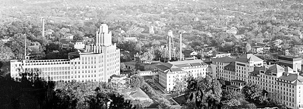 A panoramic view taken in the mid-1940s shows the Army and Navy General Hospital's main building, left, joined by an overpass or skywalk to the Eastman Annex, right. The Army bought the 520-room Eastman Hotel in 1942 to provide for the increased numbers of patients arriving at the hospital during World War II. Photo is courtesy of the Garland County Historical Society. - Submitted photo