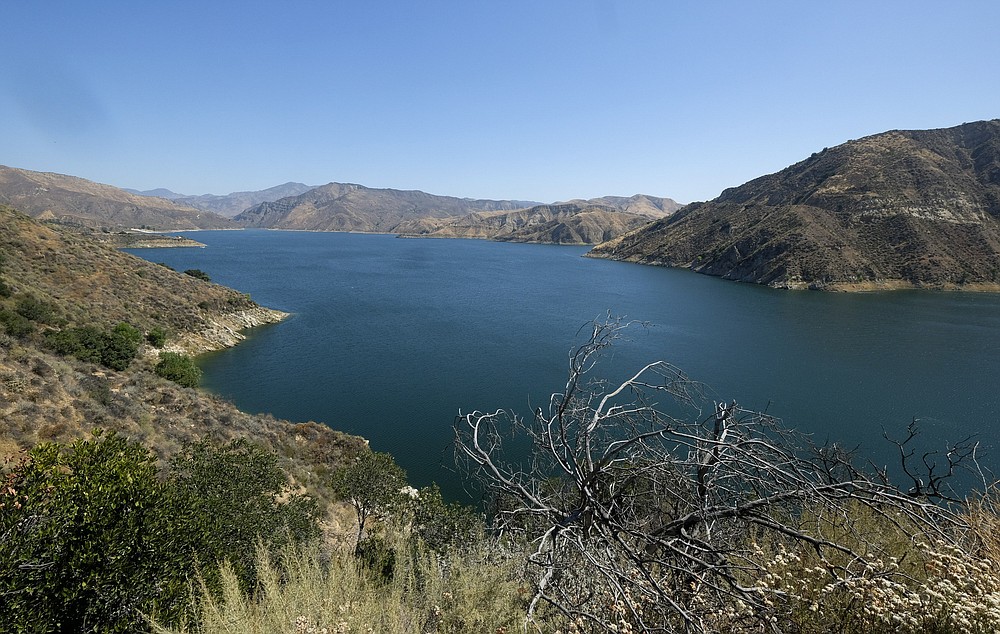 This Thursday, July 9, 2020 photo shows a view of Lake Peru in California. Authorities say former "Glee" star Naya Rivera is missing and being searched for at the lake which is approximately 55 miles northwest of downtown Los Angeles. (AP Photo/Ringo H.W. Chiu)