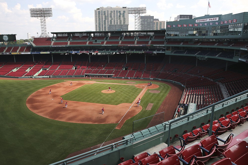 Boston Red Sox play an intra-squad baseball game at a Fenway Park empty of fans on Thursday, July 9, 2020, in Boston. (AP Photo/Charles Krupa)